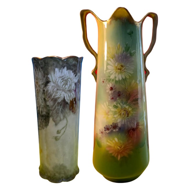 Early 20th Century Green Floral Carlsbad, Austria & Kpm, W. Germany Porcelain Vases - A Pair For Sale - Image 5 of 12