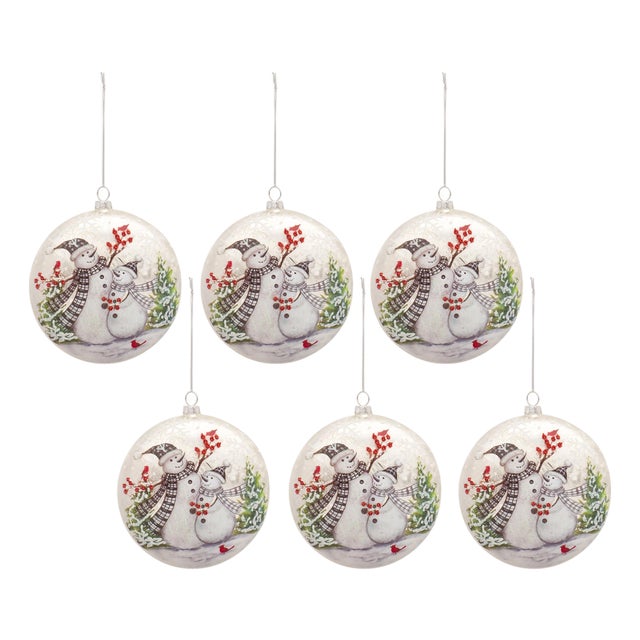Whimsical Snowman Disc Ornament with Snowy Cardinal Scene (Set of 6) For Sale