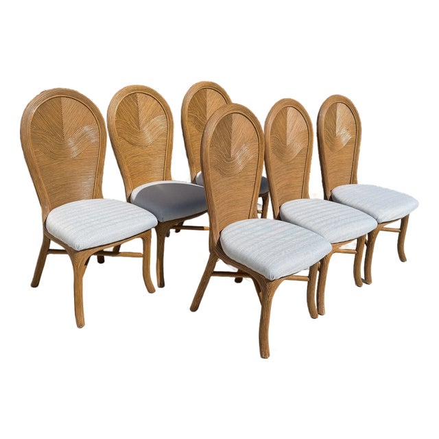 Vintage Rattan Pencil Reed Dining Chairs, a Set of 6 With New Schumacher Upholstery For Sale