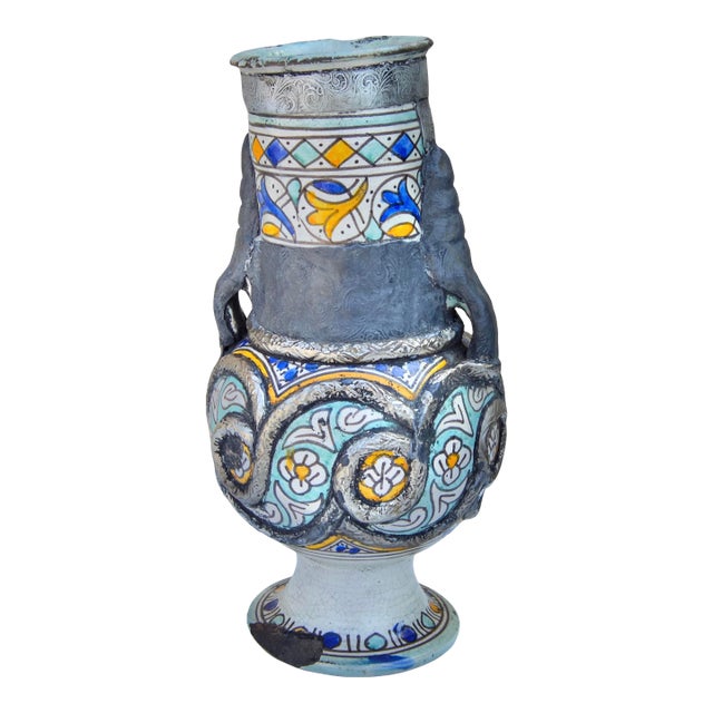 Early 19th Century Colorful Andalusian-Patterned Metal-Inlaid Ceramic Vase W/ Handles For Sale