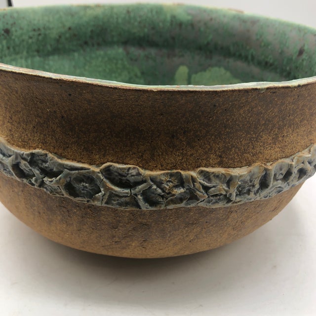 Banded Pottery Bowl With Green Interior For Sale - Image 9 of 12