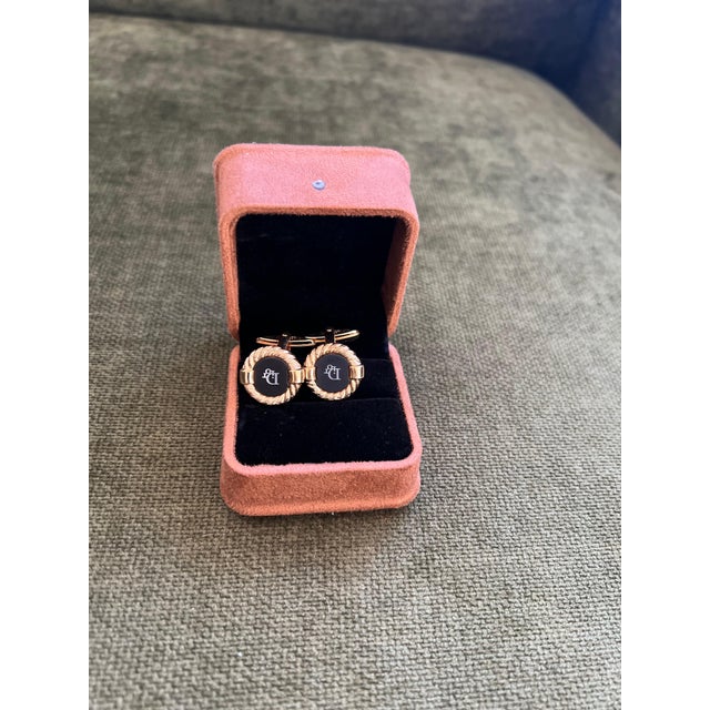 Gemstone Rare Gold Plated & Onyx Vintage Art Deco Christian Dior Cufflinks In Lux Case For Sale - Image 7 of 9