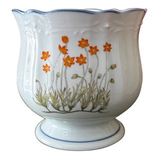 Vintage Takahashi Floral Pedestal Planter | Raised Footed Cachepot | Japanese Stoneware For Sale
