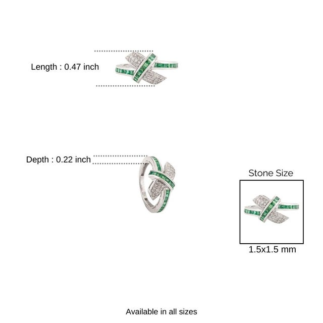Contemporary 1.1 CTW Emerald Crossline Sterling Silver Ring With Pave Set Diamond - Size 7 For Sale - Image 9 of 11