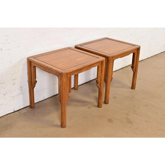 Michael Taylor for Baker Furniture Mid-Century Hollywood Regency Chinoiserie Carved Elm Side Tables, Pair For Sale - Image 11 of 11