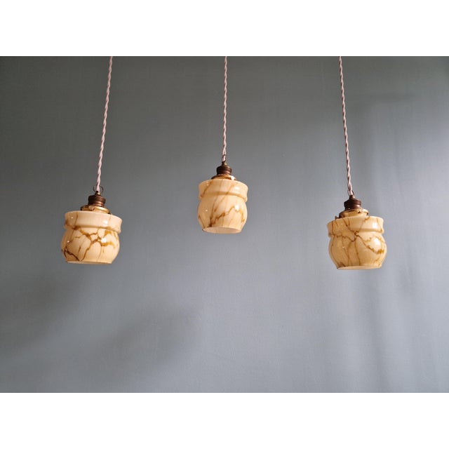 Art Deco Pendant Lights in Opaline and Marbled Uranium Glass from Scailmont, Belgium, 1930s, Set of 3 For Sale - Image 3 of 18