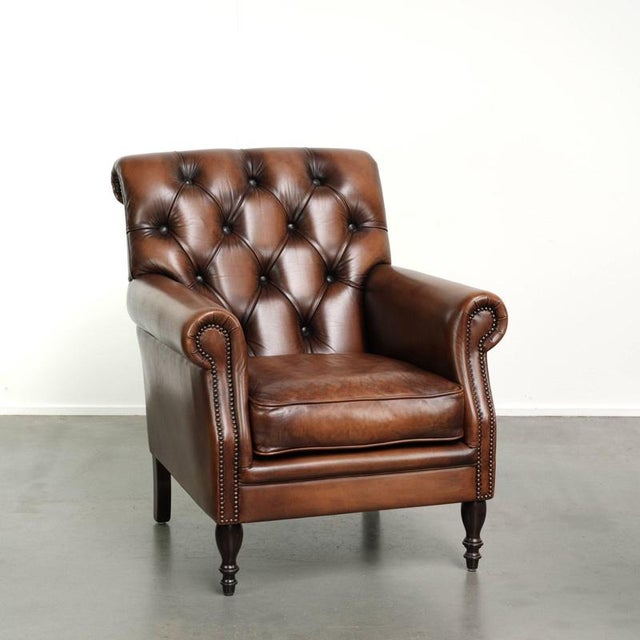 Chesterfield Armchair in Brown Cow Leather For Sale - Image 13 of 13