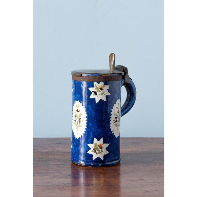 Antique Blue Floral Pewter-Mounted Beer Stein from Brussels Faience, 1800s For Sale - Image 12 of 12