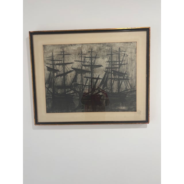 Great black and white and gray signed print of harbor scene from a past world Great technical work and fine decorative...