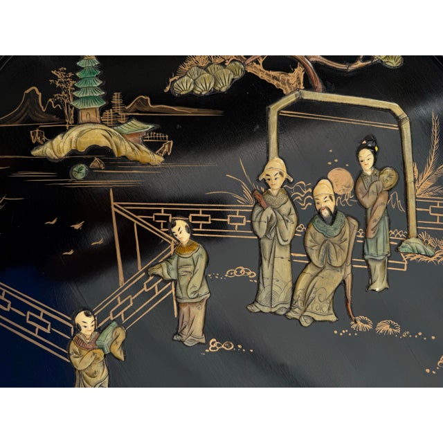 Vintage Asian Black Lacquer Folding Tray Table With Applied Carved Stone Figural Scene For Sale - Image 4 of 12