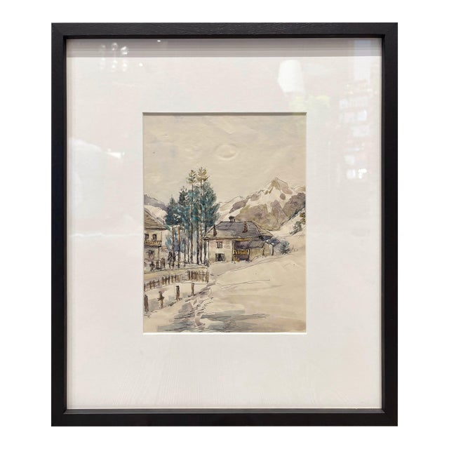 Vintage French Watercolor Drawing 1942 For Sale