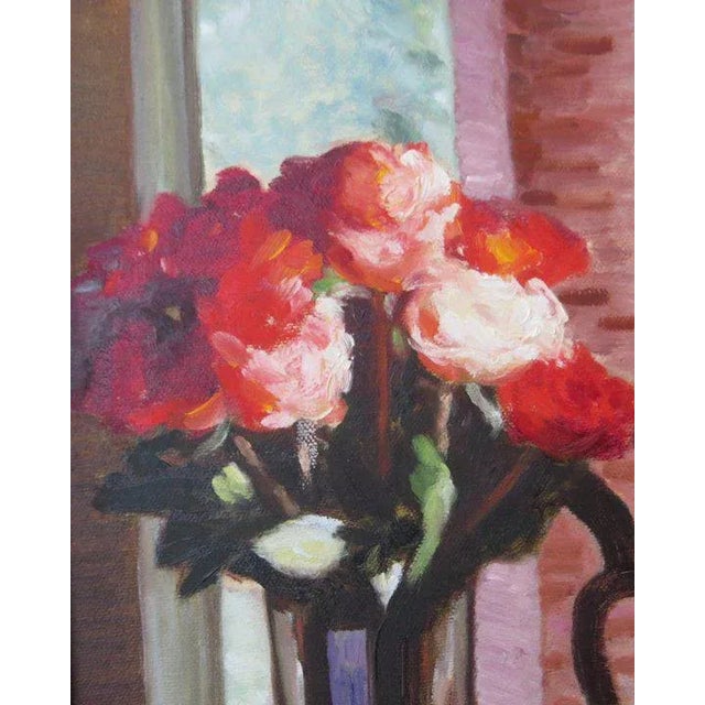 Oil on artist board still life signed lower right, gold frame. Frame shows some wear and a burn mark on the bottom please...