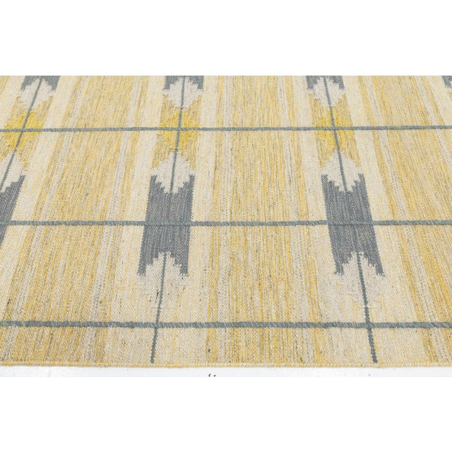 Ivory Swedish Style Flat-Weave Wool Rug in Warm Gold, Soft Grey, and Ivory Geometric For Sale - Image 8 of 12