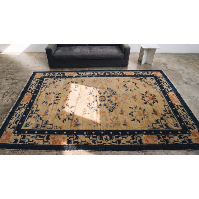 1890s Tan Beige Medallion Antique Chinese Ningxia Rug 4'4" X 7' Handknotted Wool Carpet For Sale - Image 10 of 10
