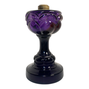 Late 19th C Amethyst Pressed Glass Pedestal Oil Lamp