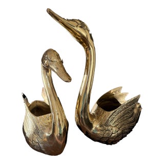 Antique Brass Swan Planter Pair — Large & Small — Figural Brass Vessels — Hollywood Regency — Decorative Objects — 17.5 Inches For Sale
