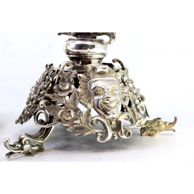 Candlesticks with Floral Cut Out Bases, Indigenous People, Engravings and Dolphin-Shaped Feet, Set of 2 For Sale - Image 4 of 10