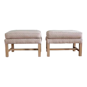 Mid 20th Century Chippendale Stools With Pickled Wood Frames - a Pair