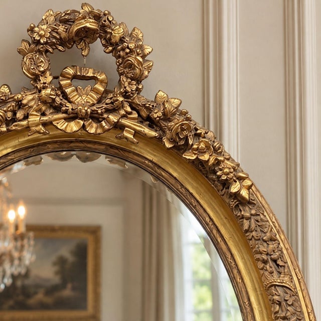 1970 Artisan Louis XVI Gold Beech Oval Wall Mirror For Sale - Image 6 of 10