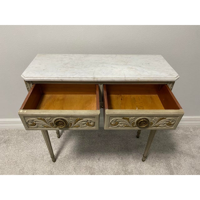 Late 20th Century Vintage Louis XVI Style Painted Gilt Marble-Top Narrow Console Table For Sale - Image 5 of 9