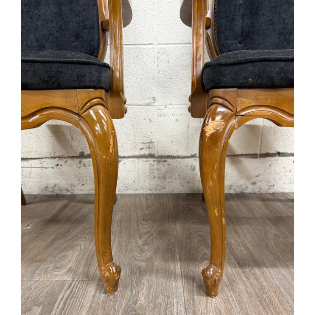 French Provincial Vintage French Provincial Style Tufted Black Velvet Armchairs - Pair For Sale - Image 3 of 14