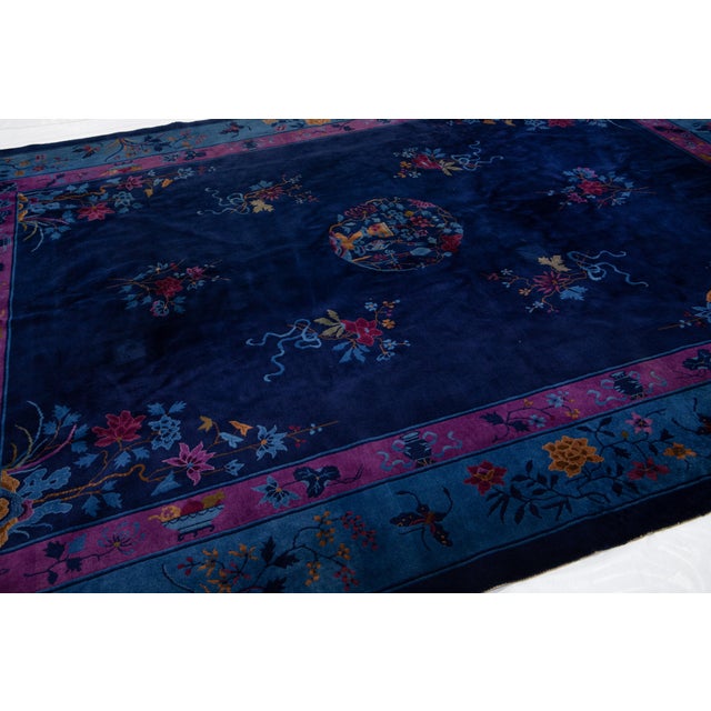 Textile 1920s Navy Blue Antique Chinese Art Deco Handmade Wool Rug With Floral Design For Sale - Image 7 of 15
