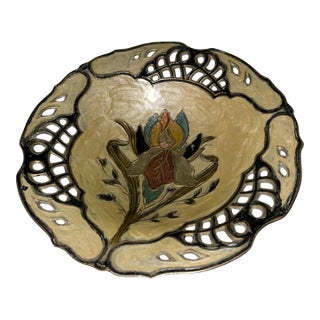Mid-Century Brass Hand Painted Floral Design Decorative Bowl For Sale
