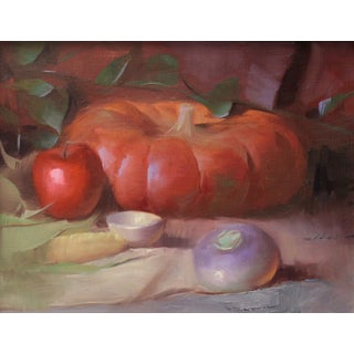 Still Life Pumpkin by Ali Ghassan | Oil Painting of a pumpkin and various fruits and vegetables For Sale