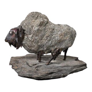 Late 20th Century Lubomir Tomaszewski Sculpture of Bison in Granite Fieldstone and Metal For Sale