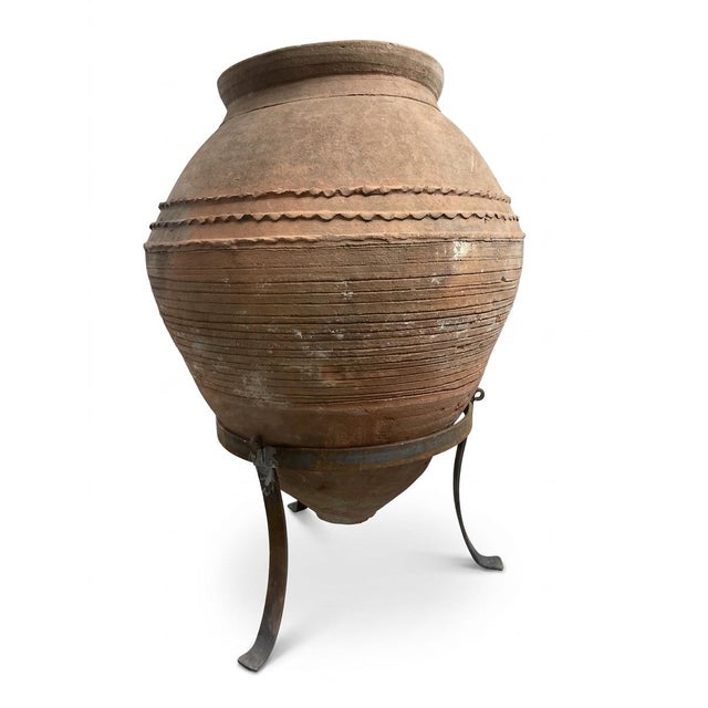 1930s Greek Terracotta Pithos Olive Oil Jar on Wrought Iron Stand For Sale - Image 4 of 9