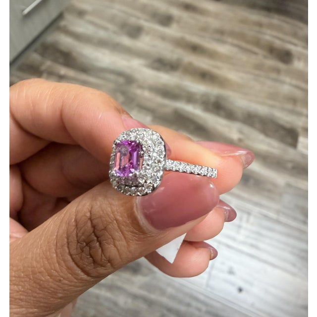 Pink Gia Certified 1.28 Natural Pink Sapphire Diamond White Gold Engagement Ring, Size 6 For Sale - Image 8 of 10
