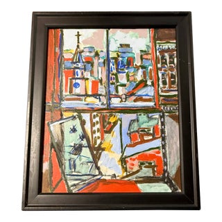 1970s Original Artist Painting of an Urban Cityscape From a Window With a View in Vibrant Colors For Sale