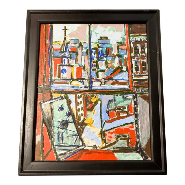 1970s Original Artist Painting of an Urban Cityscape From a Window With a View in Vibrant Colors For Sale