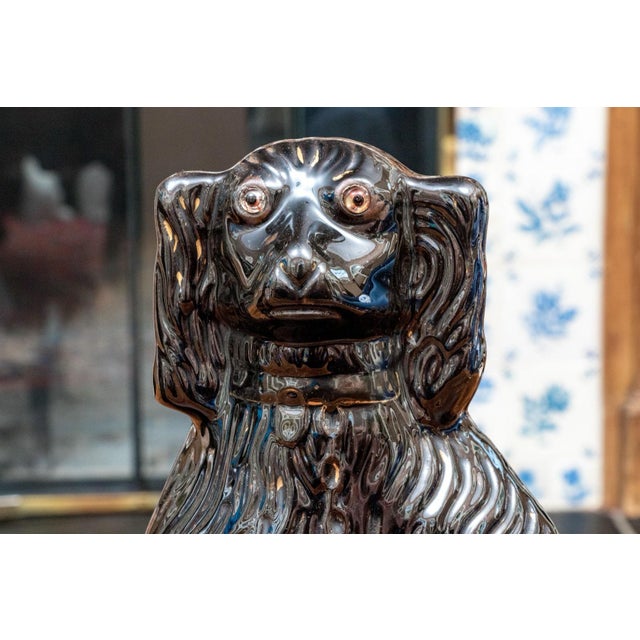 Victorian Antique 19th Century English Staffordshire Pottery Spaniel Dogs in Jackfield Black Glaze - a Pair For Sale - Image 3 of 8
