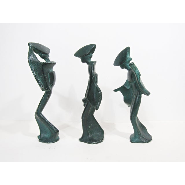 1950s Set of 3 Verdigris Cast-Iron Japanese Awa Odori Geisha Dancers, 7" MCM For Sale - Image 4 of 9