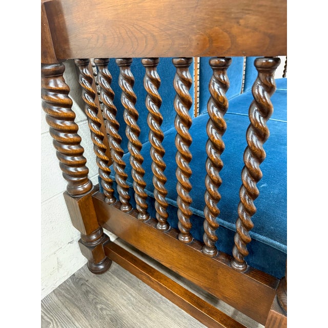 Jacobean Antique Jacobean Revival Blue Velvet Upholstered Oak Hall Settee Daybed Bench For Sale - Image 3 of 18