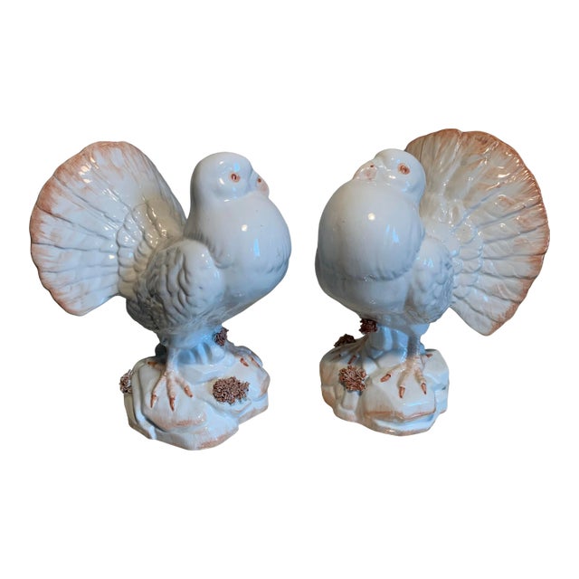 Vintage Italian Glazed Pottery White Fantail Dove Figurines- Set of 2 For Sale