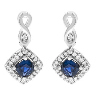 10K White Gold Blue Sapphire and Diamond Halo Cushion Shaped Drop Earrings, A Pair For Sale
