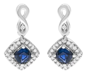 10K White Gold Blue Sapphire and Diamond Halo Cushion Shaped Drop Earrings, A Pair