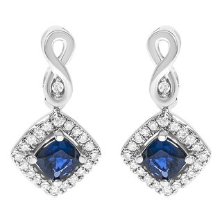 10K White Gold Blue Sapphire and Diamond Halo Cushion Shaped Drop Earrings (I-J Color, I1-I2 Clarity) For Sale