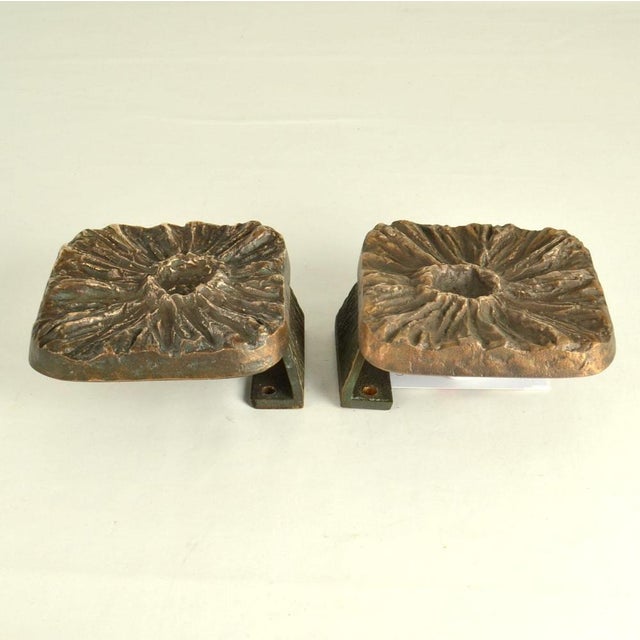 Brutalist Bronze Square Push Pull Door Handles with Flower Relief, 1970s, Set of 2 For Sale - Image 10 of 14