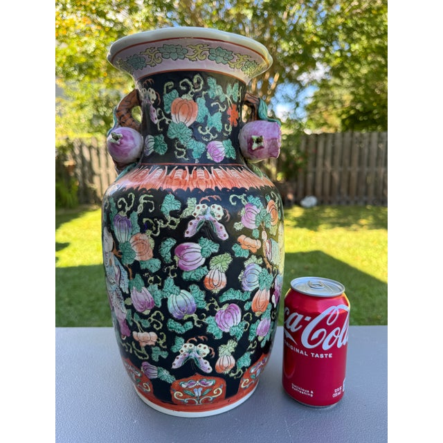 Vintage Chinese Ceramic Vase W/Butterflies, Flowers & Pomegranate Fruit Handles For Sale - Image 10 of 16