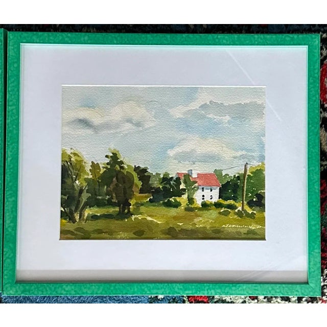 Late 20th Century Three Vintage Watercolors of Homes Among Trees in New Modern Green Glazed Frames For Sale - Image 4 of 10