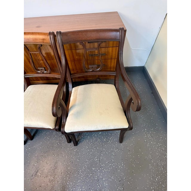 1940's Reupholstered Mahogany Kilsmos Lyre Back Dining Chairs (6) For Sale - Image 9 of 11