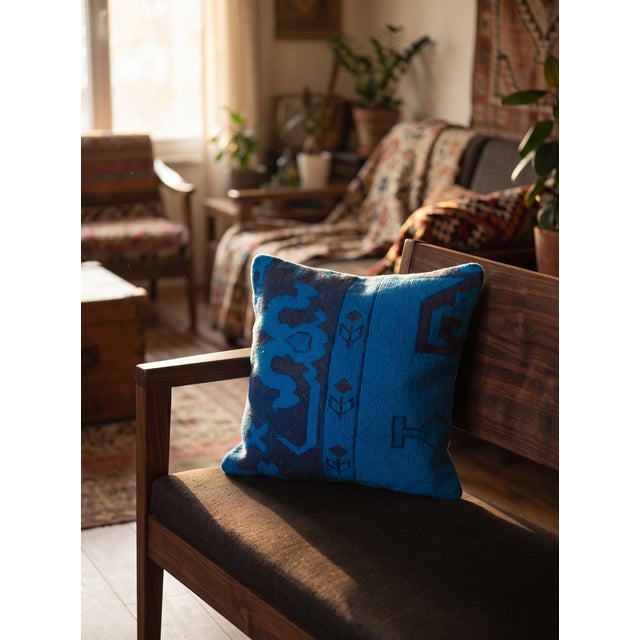 Electric Blue Vintage Turkish Rug Pillow 18x18 For Sale - Image 4 of 13