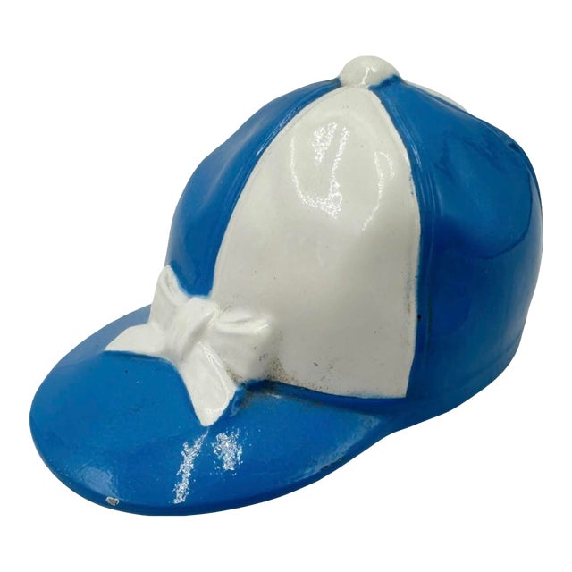 Vintage Equestrian Jockey Cap Bottle Opener Blue & White For Sale