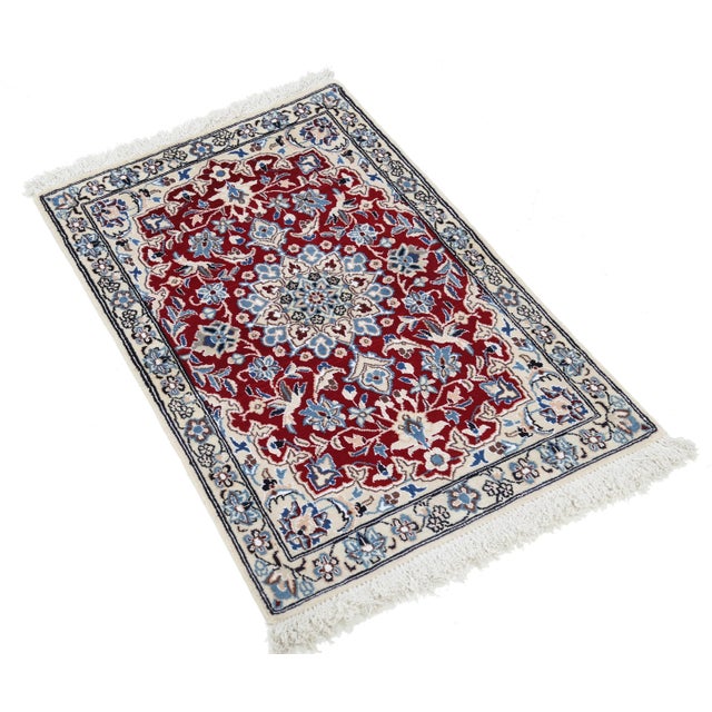 Traditional Red Color Hand Knotted Persian Silk & Wool Nain For Sale - Image 3 of 4