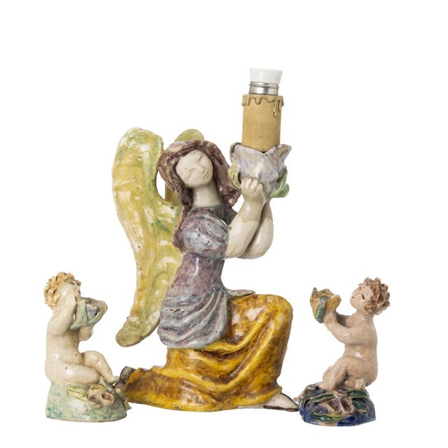 Yellow Angel Lamp and Candlesticks Boys in Earthenware by Maria Luísa Fragoso, Set of 3 For Sale - Image 8 of 8
