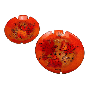 Mid-Century Abstract Copper & Orange Enamel Foliage Nesting Bowls - a Pair