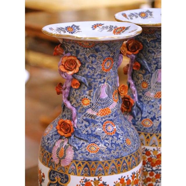Ceramic Pair of Early 20th C. Asian Imari Porcelain Vases With Floral and Bird Motifs For Sale - Image 7 of 11